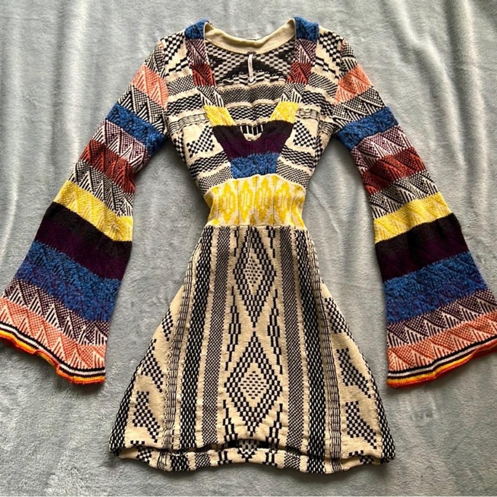 FREE PEOPLE Patchwork Aztec Multi-Colored Mini Dress.